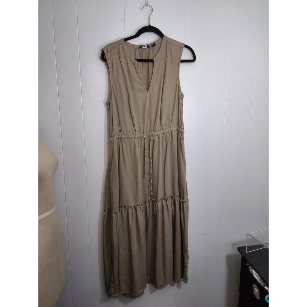 Lands'End sleeveless tiered chambray midi dress drawstring waist V Neck M Pocket